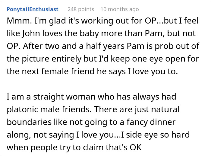 Comment discussing husband neglecting pregnant wife after finding chosen family and the complexities of platonic male friendships.