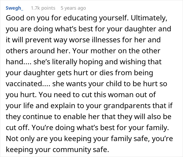 Comment discussing a mother&rsquo;s creepy behavior and its impact on family safety and vaccination decisions.