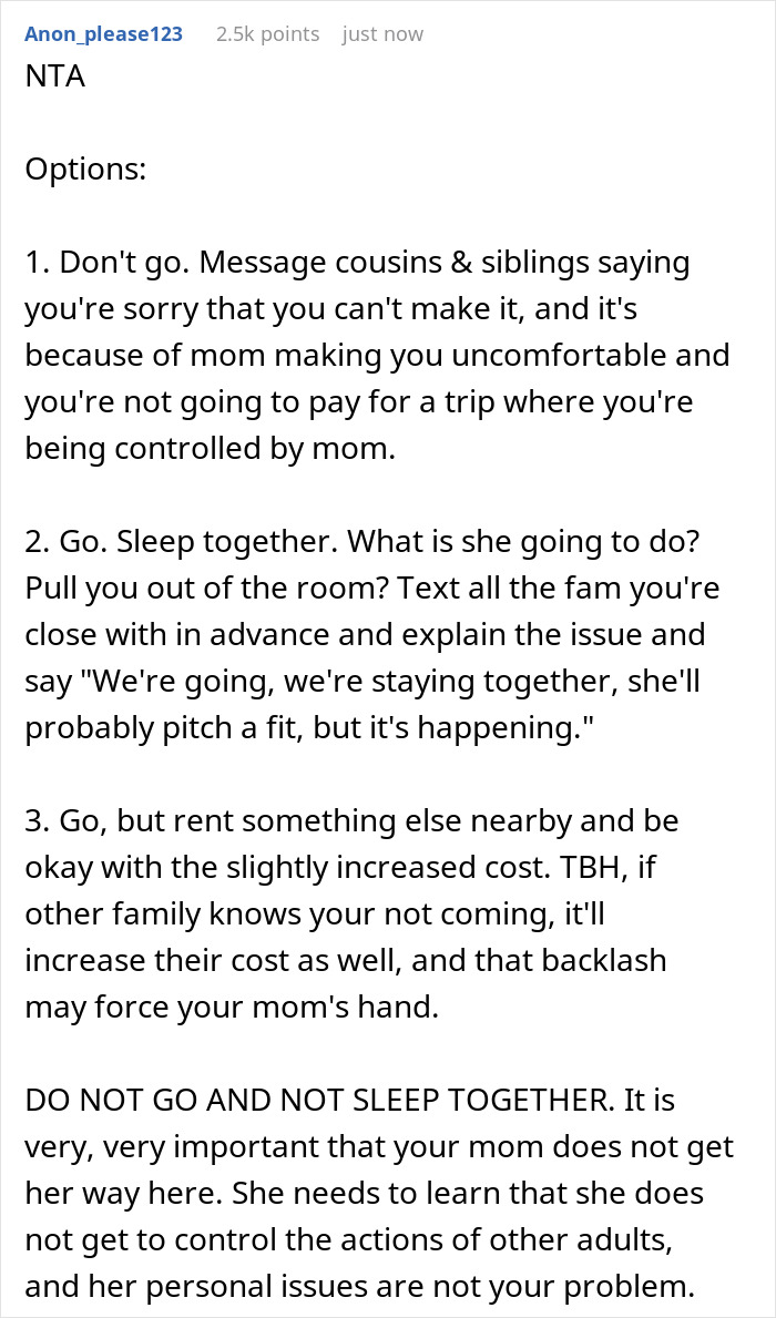 Woman faces dilemma with mother controlling her sleeping arrangement with wife-to-be during family trip discussion.