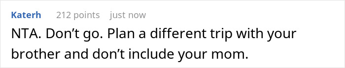 Screenshot of an online comment where a user advises against including the mother in a trip, related to a woman&rsquo;s sleeping arrangement dilemma.