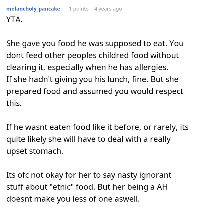 A Reddit comment reads YTA, criticizing someone's attempt to transition her son into vegan by feeding him unapproved food.