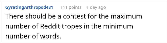 A Reddit user comments about a contest for maximum Reddit tropes in minimum words, similar to a MIL fight over a baby name.