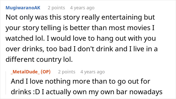 Two Reddit comments praising a story. The top comment mentions the story's entertainment value, relating to horrible boss revenge.