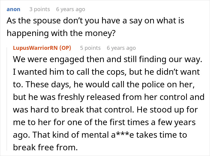 A Reddit comment about a Young Family working to pay off $10K debt and dealing with difficult family dynamics.