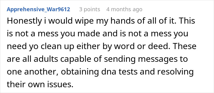 Commenter advising adults involved in a confusing and wild family dynamic to handle DNA tests and child support themselves.
