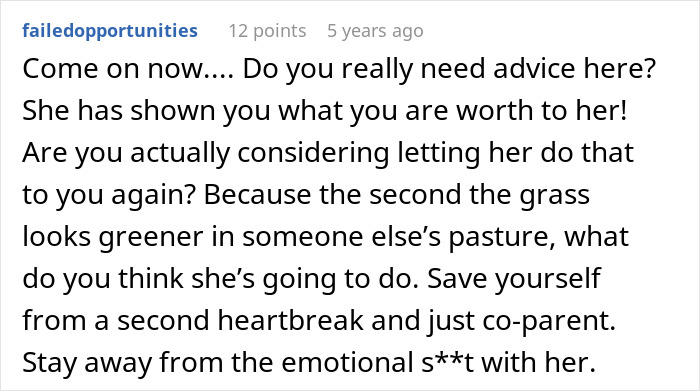 An online comment from 'failedopportunities' advising someone to cancel the divorce and co-parent, avoiding further marital issues.