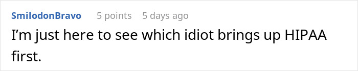 A Reddit comment by SmilodonBravo about HIPAA, relevant to a woman wondering about her husband's secret child.