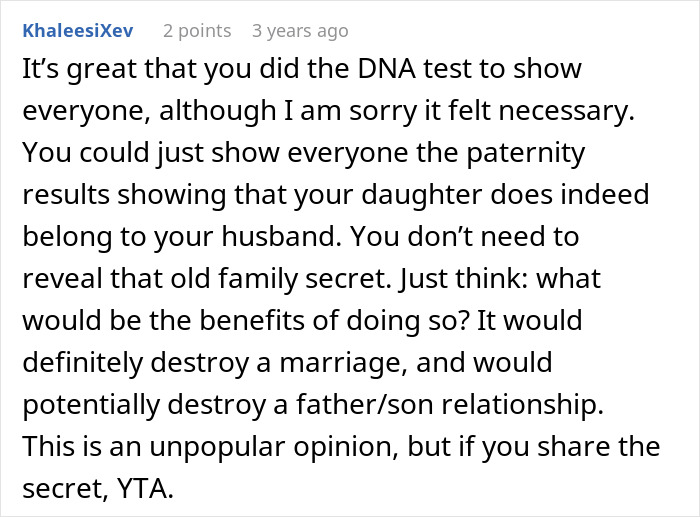 A Reddit comment discussing a mother's DNA test for her daughter and the MIL's dark secret.