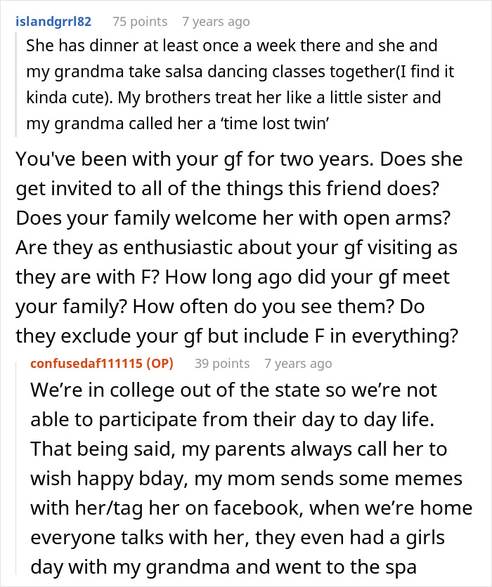 Text conversation showing a woman questioning her boyfriend's close female friend's relationship with his family. Text conversation showing a woman questioning her boyfriend's close female friend's relationship with his family.