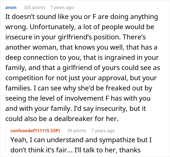 Reddit user explains insecurity and family ties affecting woman breaking up after seeing boyfriend’s close female friend involvement. Reddit user explains insecurity and family ties affecting woman breaking up after seeing boyfriend’s close female friend involvement.