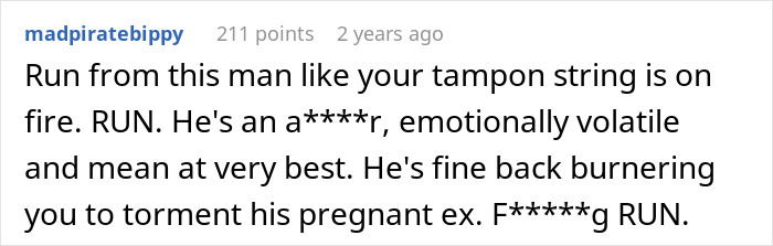 A Reddit comment advising someone to "RUN" from a man who refuses to sign divorce papers after his ex's baby bump.