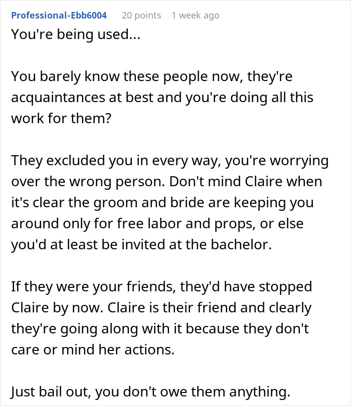 Screenshot of a forum comment discussing being used and excluded by friends in a wedding situation. Screenshot of a forum comment discussing being used and excluded by friends in a wedding situation.