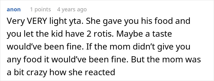 Reddit comment saying the babysitter was 'light YTA' for giving a child rotis, discussing a mom trying to transition her son into vegan.