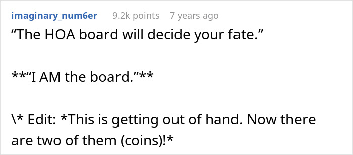 Text post showing a humorous quote about HOA demands and a dad running for the board to take control.