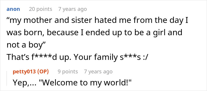 Screenshot of a forum post showing a user sharing family rejection and another responding about taking matters into their own hands.