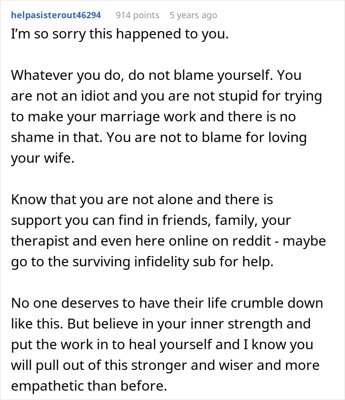 Reddit comment offering support to a guy dealing with marriage struggles after moving out and facing a bedroom twist.