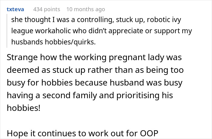 Comment discussing husband neglecting pregnant wife after finding chosen family and the resulting relationship conflict.