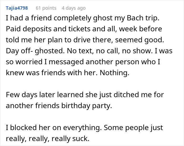 Text post about a best friend ditching a Bach trip for another birthday, breaking the bride's heart.