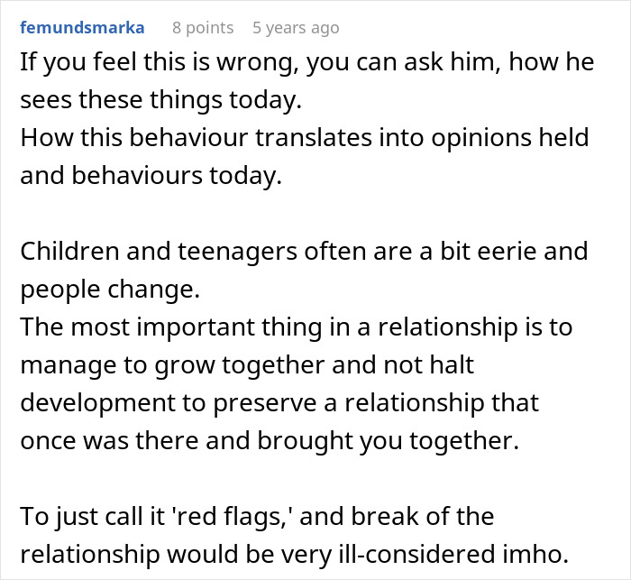 Screenshot of a Reddit comment discussing relationship red flags and how behavior from childhood affects opinions today.