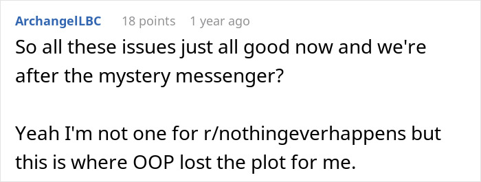 A Reddit comment about a married man sharing a hotel room. User ArchangelLBC critiques a story, saying OOP lost the plot.