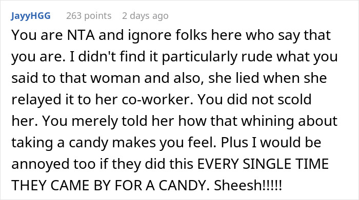 Text conversation about a lady asking coworker to stop the candy routine that annoys the whole office.
