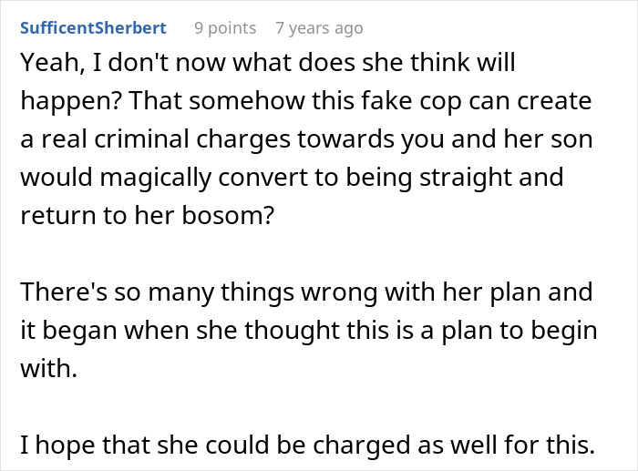 Comment discussing a homophobic MIL&rsquo;s fake cop attempt to get son&rsquo;s boyfriend arrested despite him being a real officer.