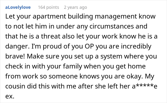A social media comment offering advice and support to someone dealing with a dangerous ex, relating to a man's feelings about his donor baby.