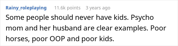A Reddit comment on disruptive kid behavior at a stable and a toxic mom escalating things from zero to 100.