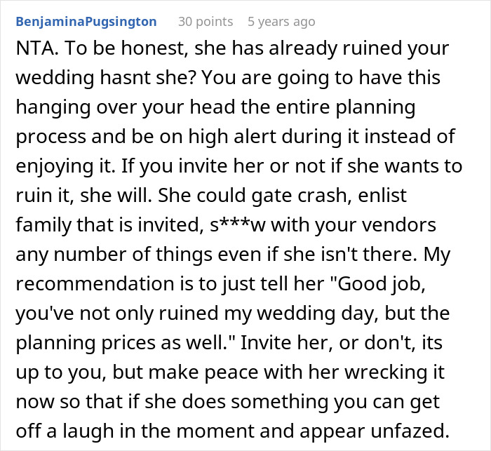 Text comment about woman worrying her sister will sabotage her wedding due to past incident, considering uninviting her for peace.