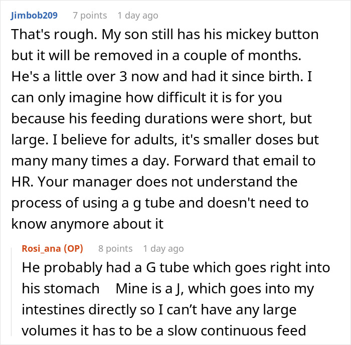 Reddit comments discussing feeding tube use after a manager asked an employee to avoid it in the office.
