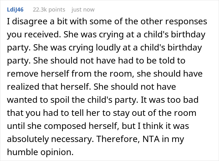A Reddit comment discussing a DIL crying at a birthday party, reflecting a heartless MIL thinking DIL is too sensitive.
