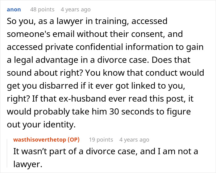 A Reddit comment thread where users discuss the legal implications of a wife's friend's revenge, potentially destroying a new life.