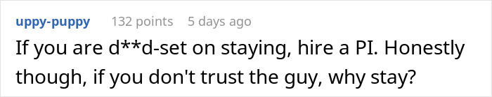 A user's comment suggesting hiring a PI if a husband's secret child is suspected, or leaving if there's no trust.