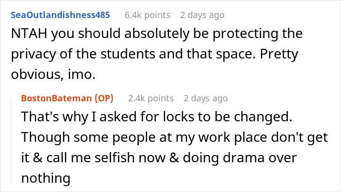 Reddit comments discussing locking school office to protect student privacy and staff issues.