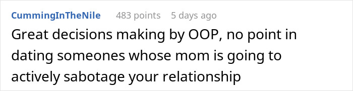Comment text from Reddit user CummingInTheNile discussing dating challenges when a boyfriend's mom acts possessive and sabotages the relationship.