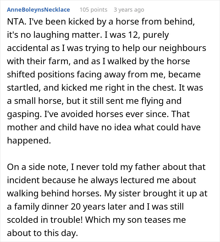 A Reddit post about a disruptive kid nearly hurting himself at a stable and his toxic mom escalating things.