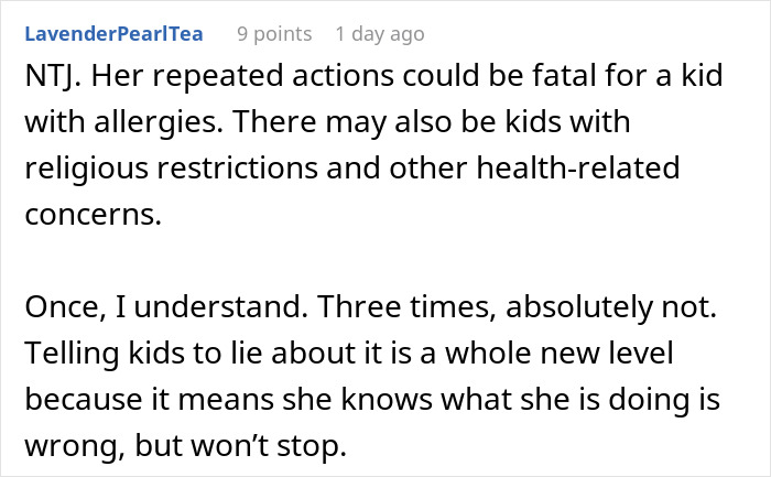 Comment highlighting dangers of kids receiving food they shouldn&rsquo;t, mentioning allergies and health-related concerns.