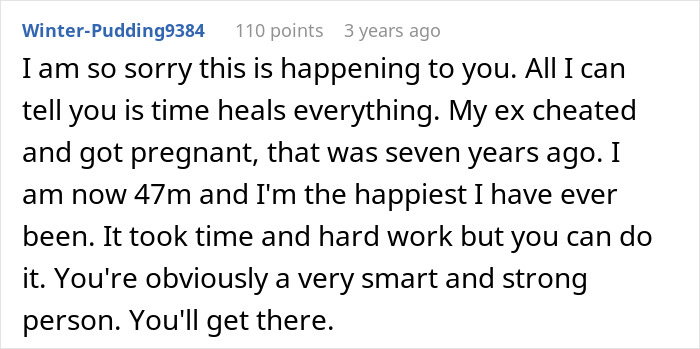 A comment offering support to a woman after discovering a husband and best friend's affair, sharing personal experience of healing.
