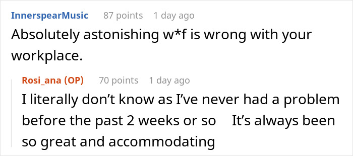 Reddit comments about a woman using a feeding tube, with a user stating, "Absolutely astonishing what is wrong with your workplace."