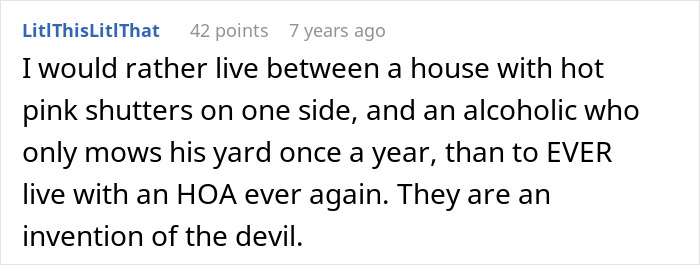 Comment from user LitIThisLitIThat expressing strong dislike for HOA, calling them an invention of the devil.