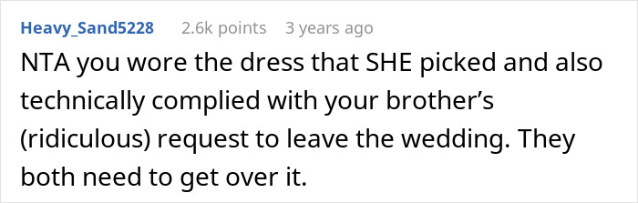 Reddit comment about a groom throwing his sis out of the wedding because she won't change the bride's picked dress.