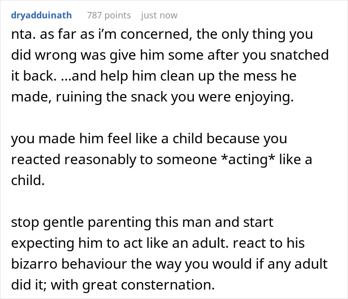 Reddit comment discussing rude man snatching items without asking and being berated by coworker for childish behavior.