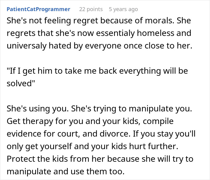 Reddit comment about a woman's affair and marriage, advising divorce. The woman wants to cancel the divorce.
