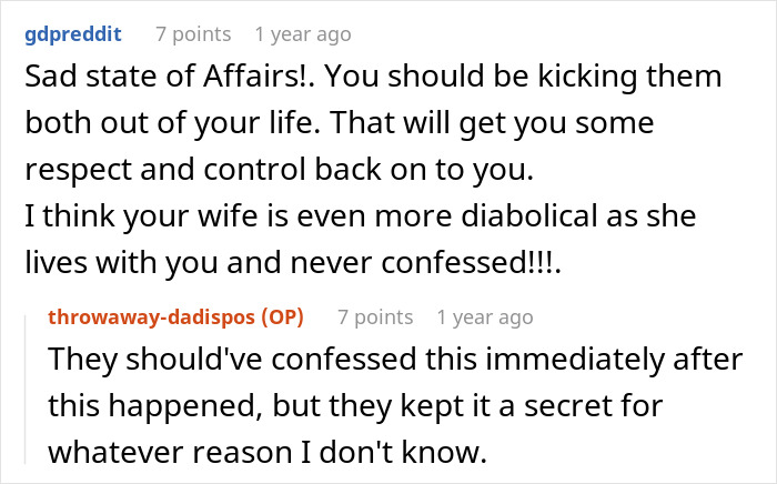 Reddit comments discussing a wife's betrayal and a dad's confession, offering advice to the user.