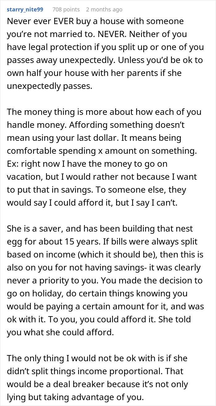 Reddit post discussing a man upset his girlfriend pretended to be broke despite having substantial savings.