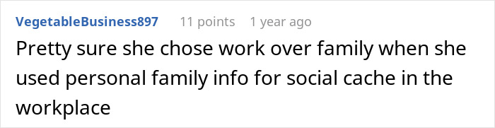 Comment about CEO hiring sister after downsizing, discussing family conflict and workplace issues involving personal info misuse.