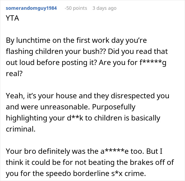 Screenshot of a comment discussing a guy making family uncomfortable after they refuse to leave his house.
