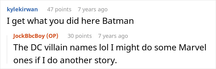 Screenshot of a Reddit comment discussing DC villain names and potential Marvel story ideas in a casual online conversation.