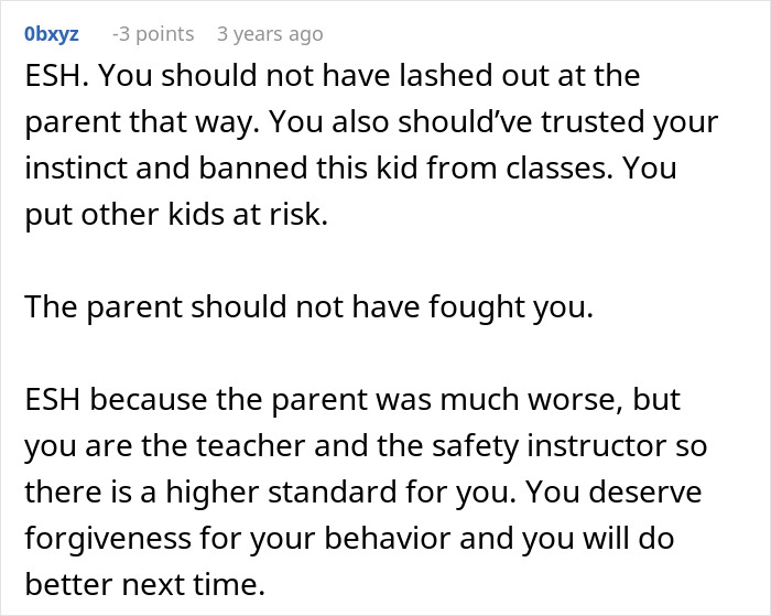 A Reddit comment about a disruptive kid and his toxic mom in a stable, discussing who is at fault.