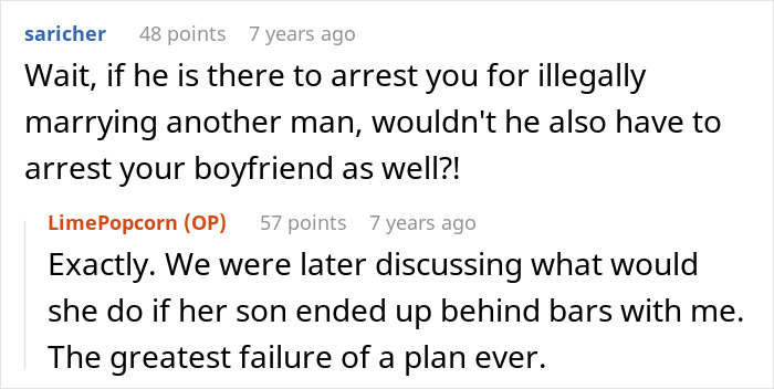 Reddit conversation about homophobic MIL trying to get son&rsquo;s boyfriend arrested using a fake cop, revealing real police officer involvement.